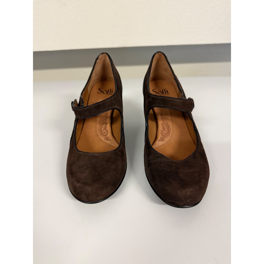 Sofft Brown Suede Mary Jane Pumps Kitten Heel Button Strap Shoes Womens 8.5 M
